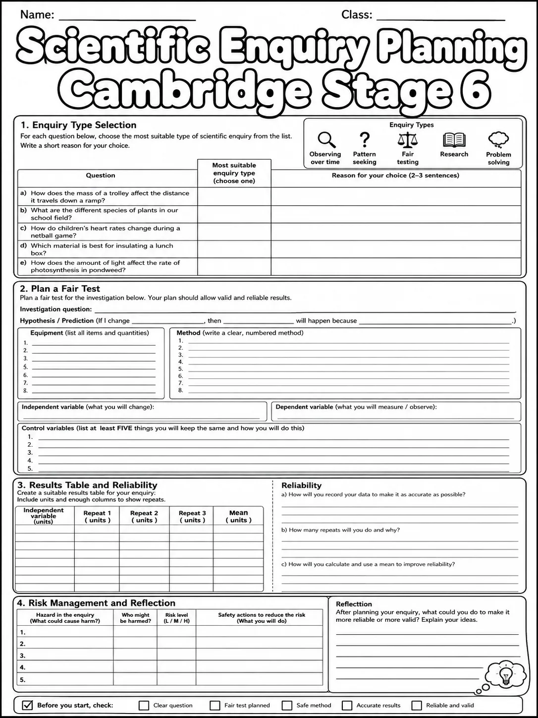 Scientific Enquiry Planning Cambridge Stage 6 page 10 printable Cambridge science worksheet preview