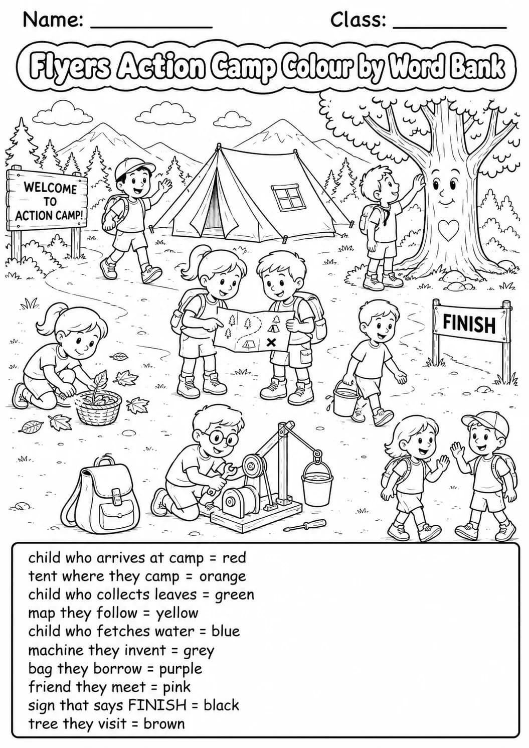 Action Camp Flyers Color by Word Bank Worksheet Pack
