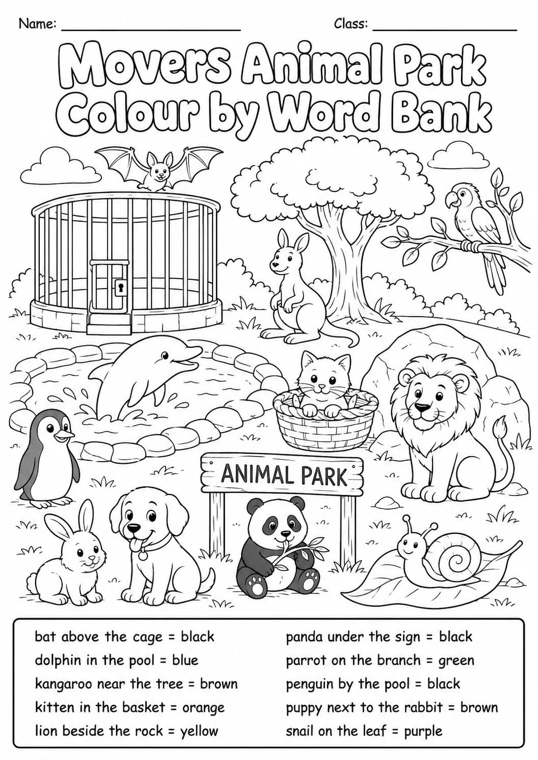 Animal Park Movers Color by Word Bank Worksheet Pack
