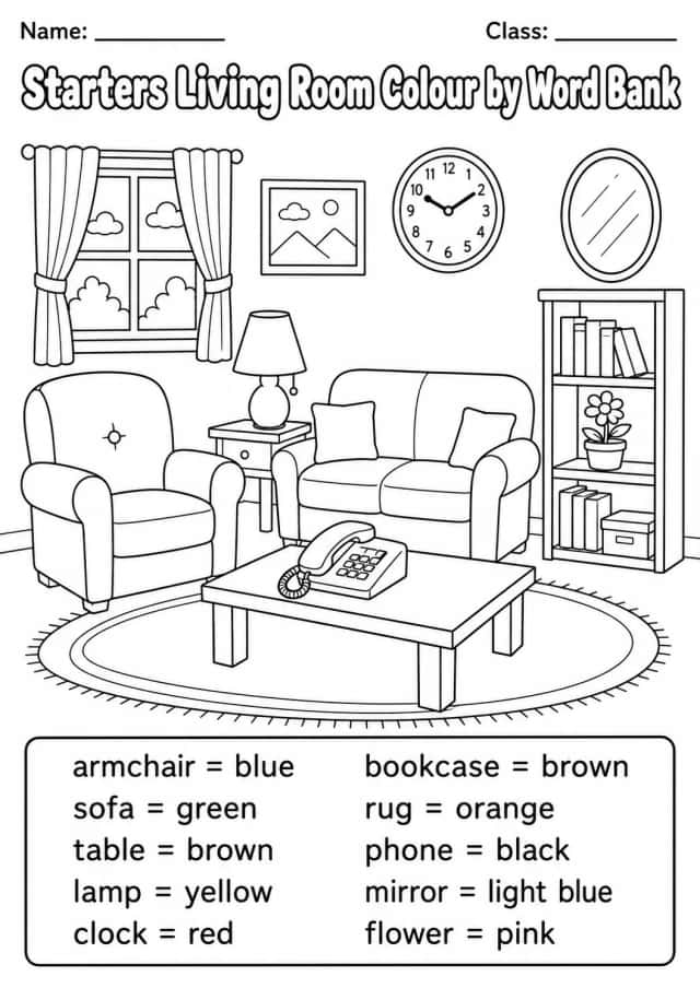 Living Room Starters Color by Word Bank Worksheet Pack