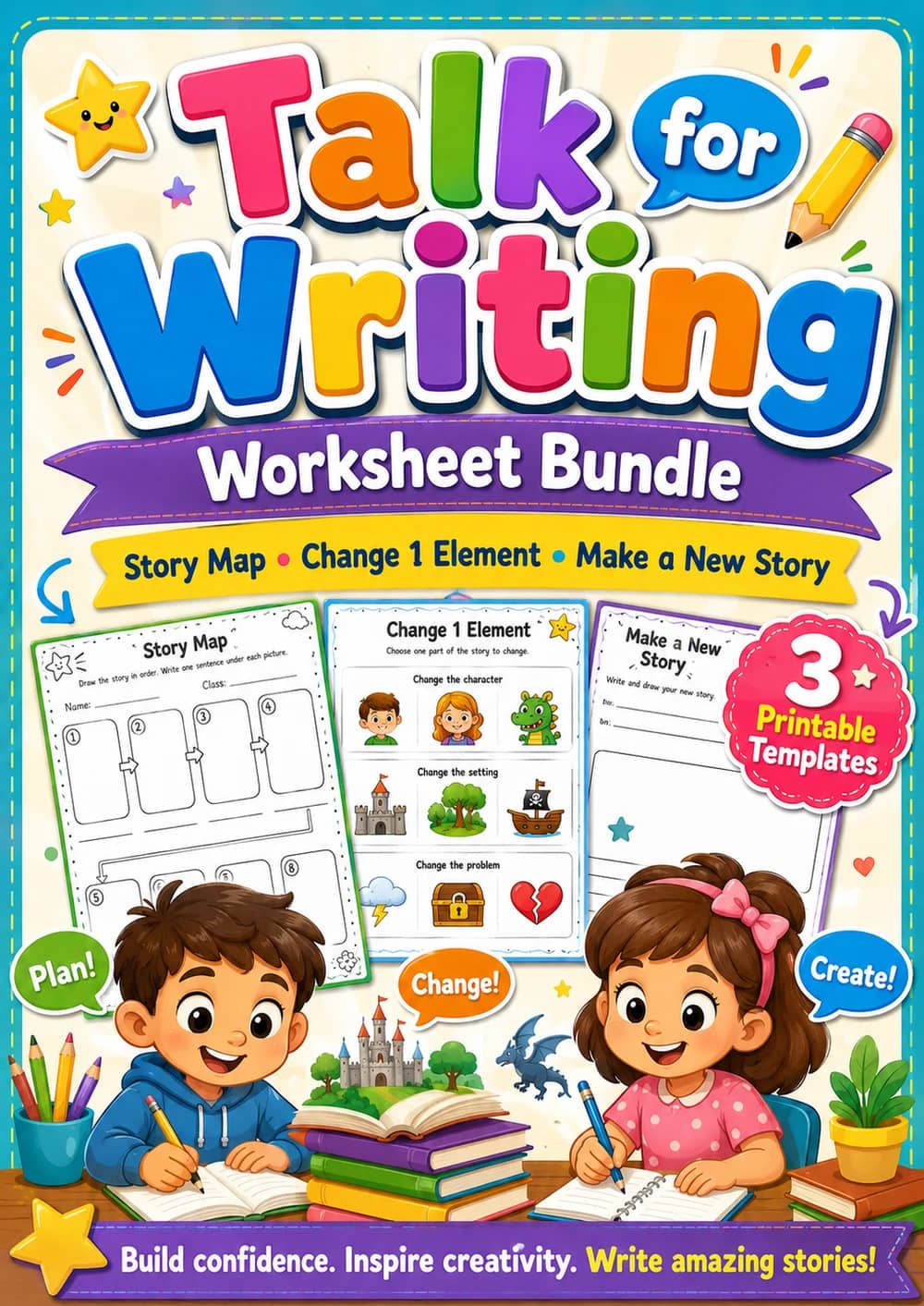 Talk for Writing worksheet pack cover with story map, change one element, and make a new story templates.