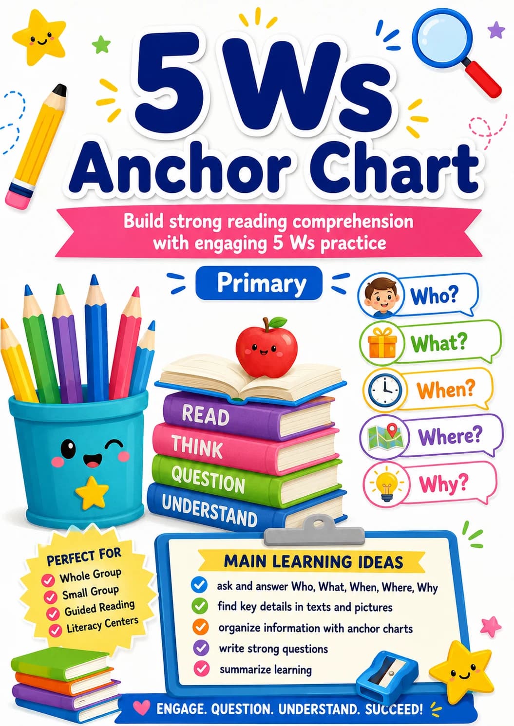 5 Ws Anchor Chart Worksheet Pack
