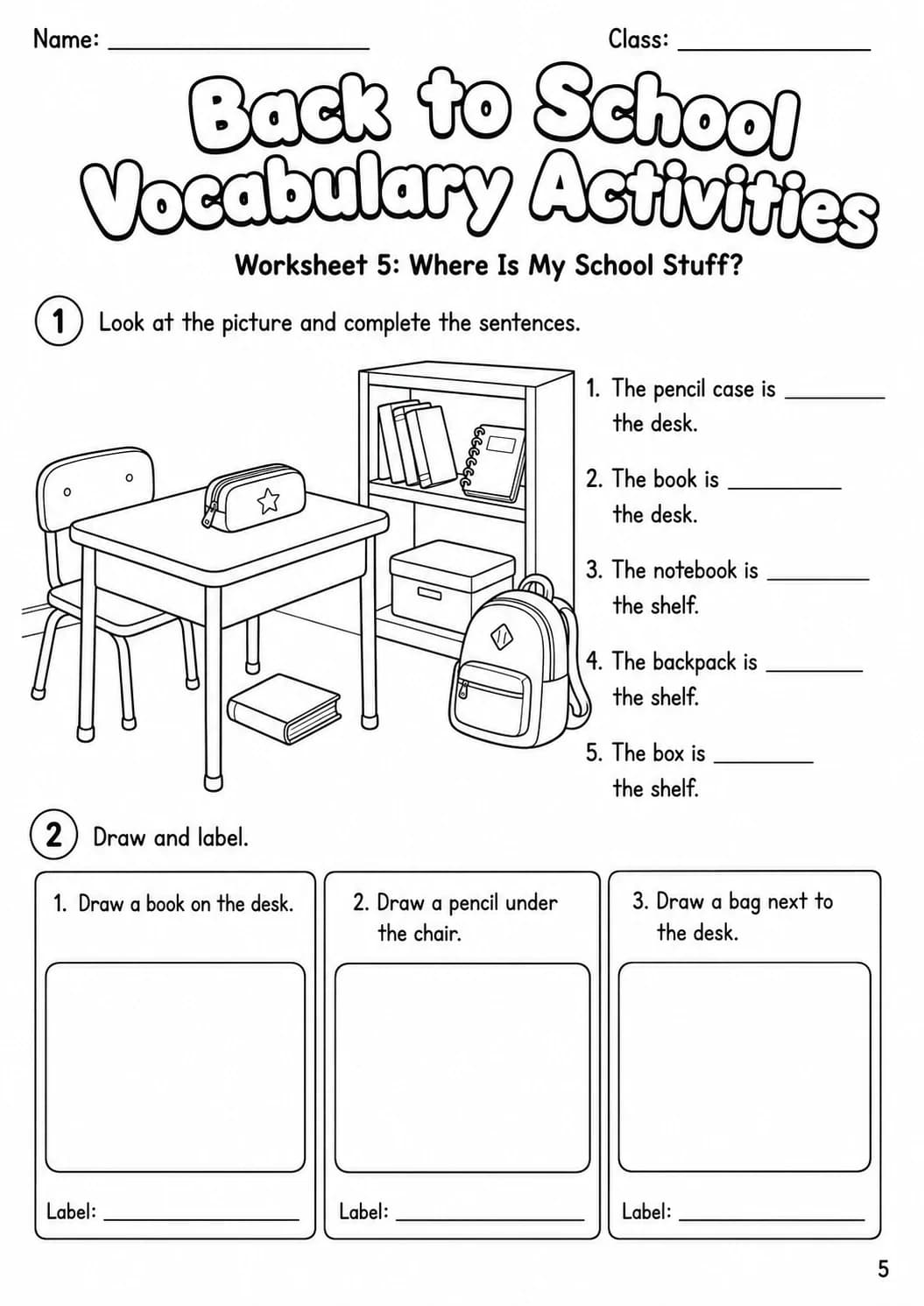 Back to School Vocabulary Activities Worksheet Pack printable cover