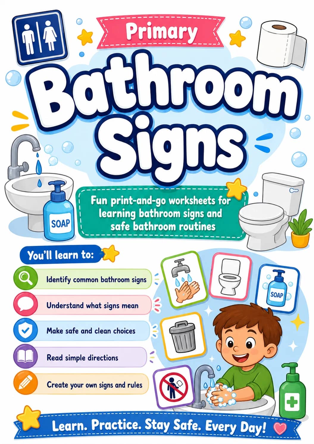 Bathroom Signs Worksheet Pack printable cover