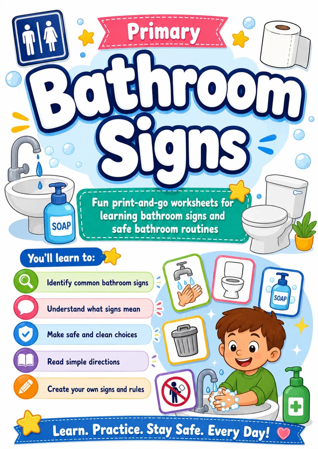 Bathroom Signs Worksheet Pack printable cover