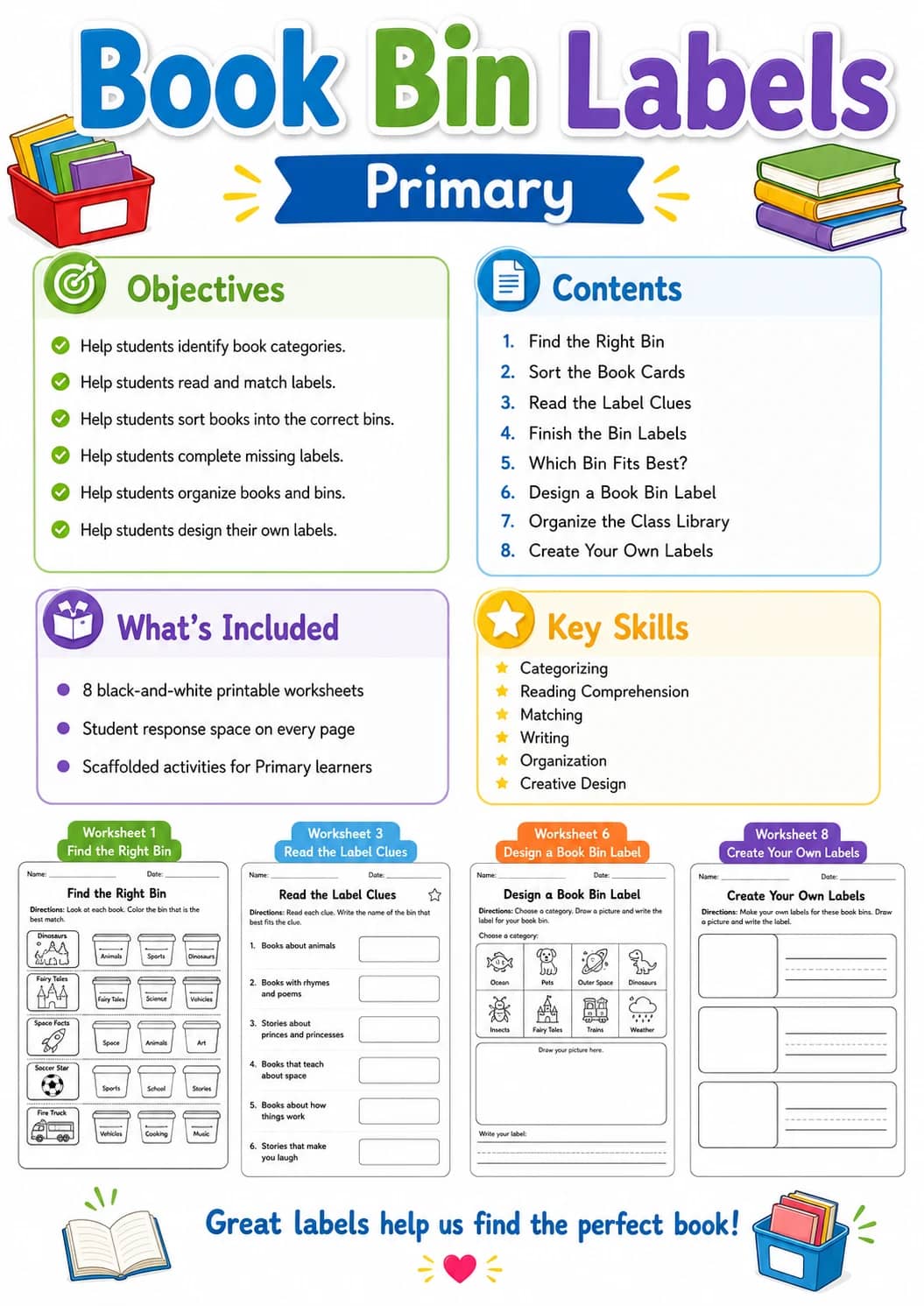 Book Bin Labels Worksheet Pack printable cover