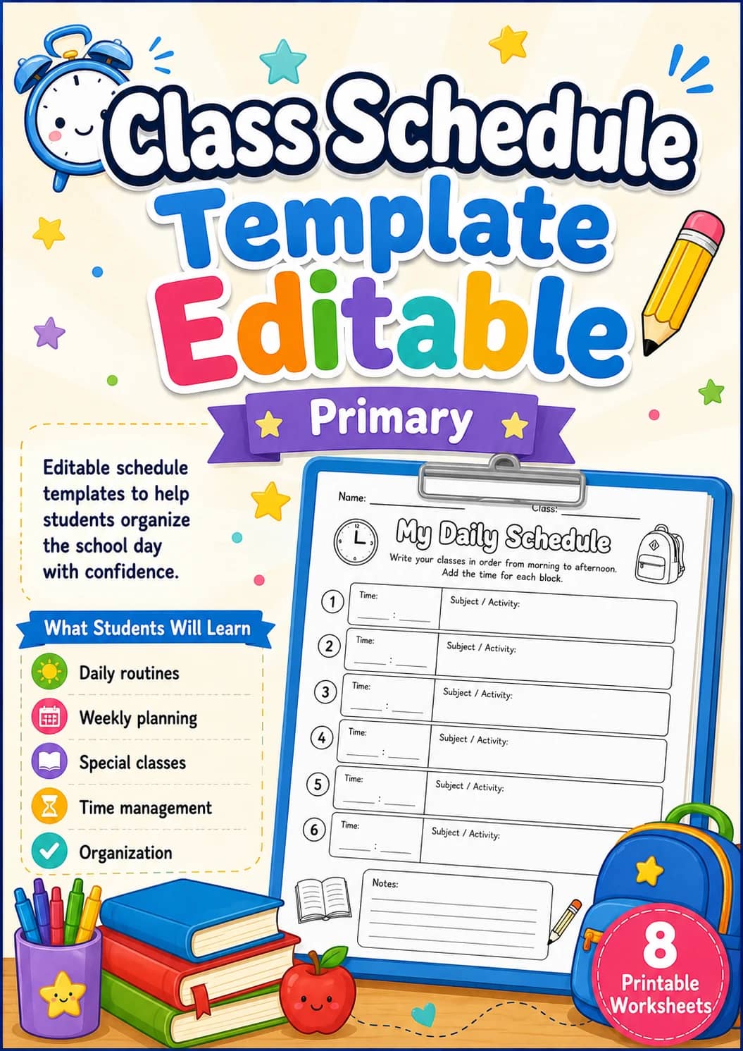 Class Schedule Template Editable Worksheet Pack printable cover