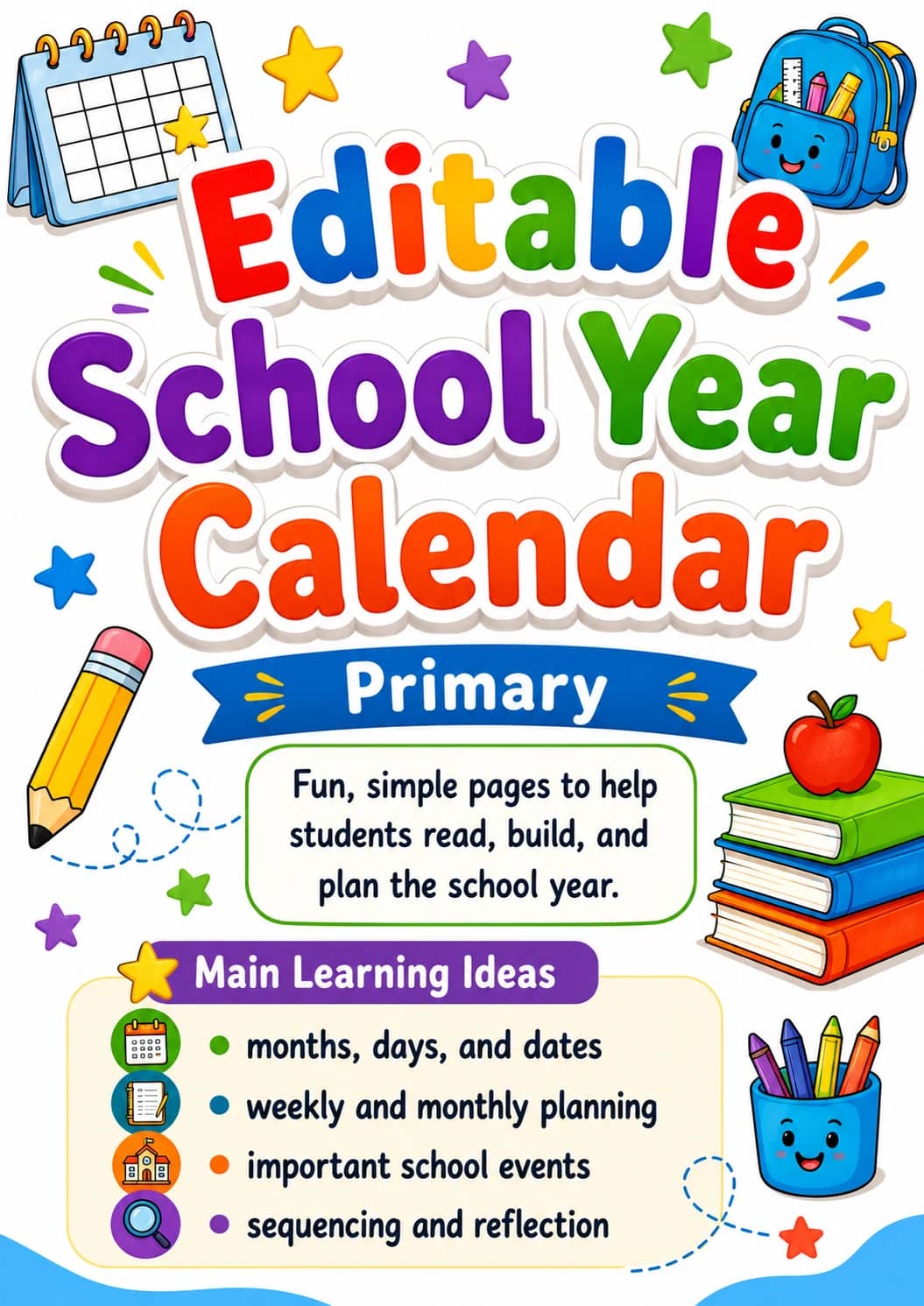 Editable School Year Calendar Worksheet Pack printable cover