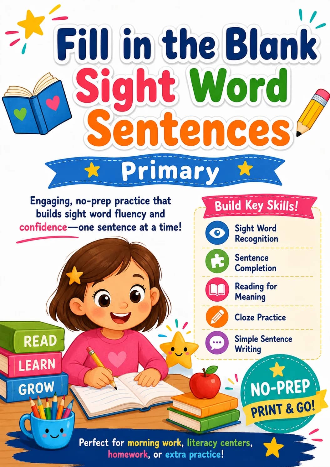 Fill in the Blank Sight Word Sentences Worksheet Pack printable cover