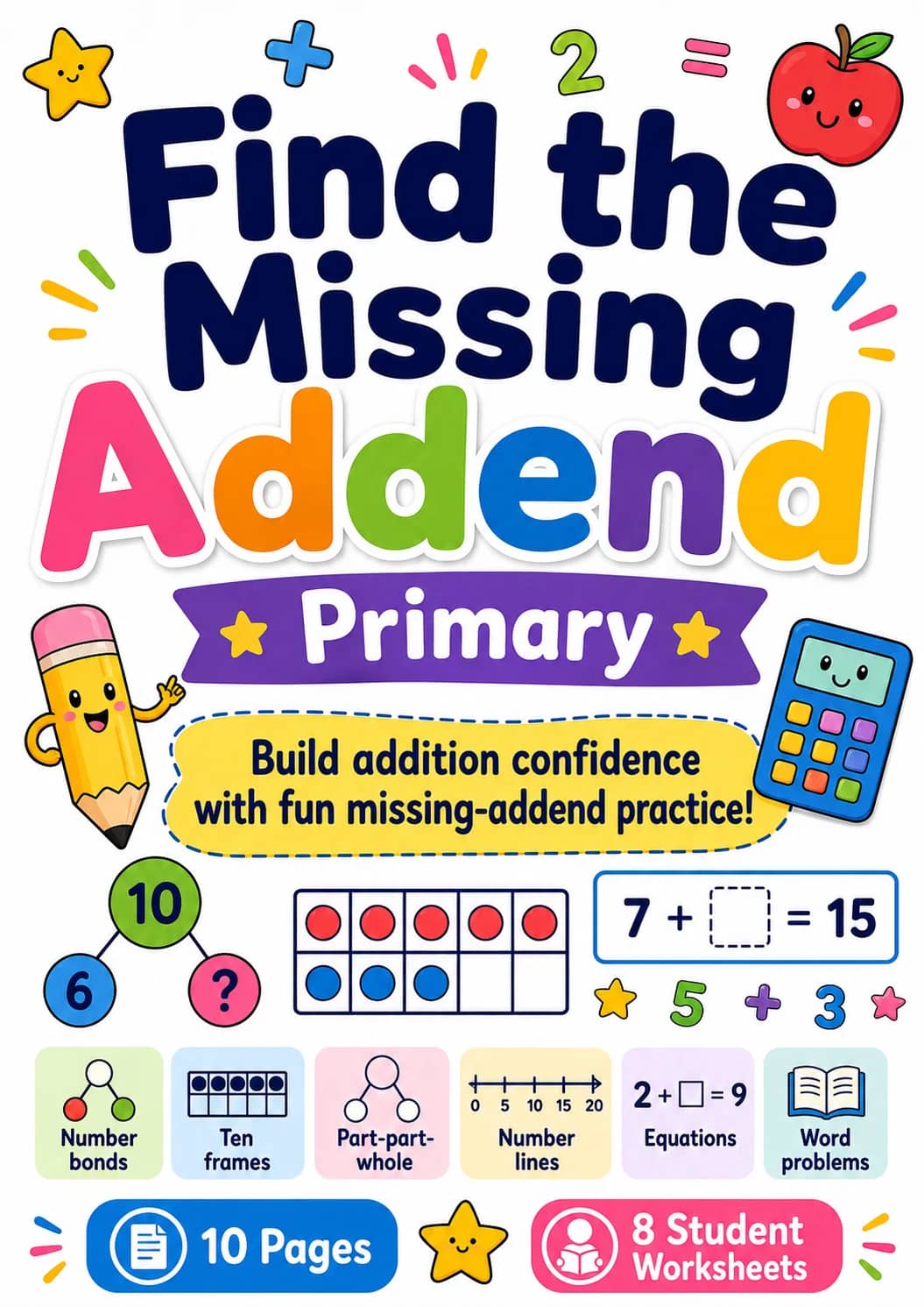 Find the Missing Addend Worksheet Pack printable cover