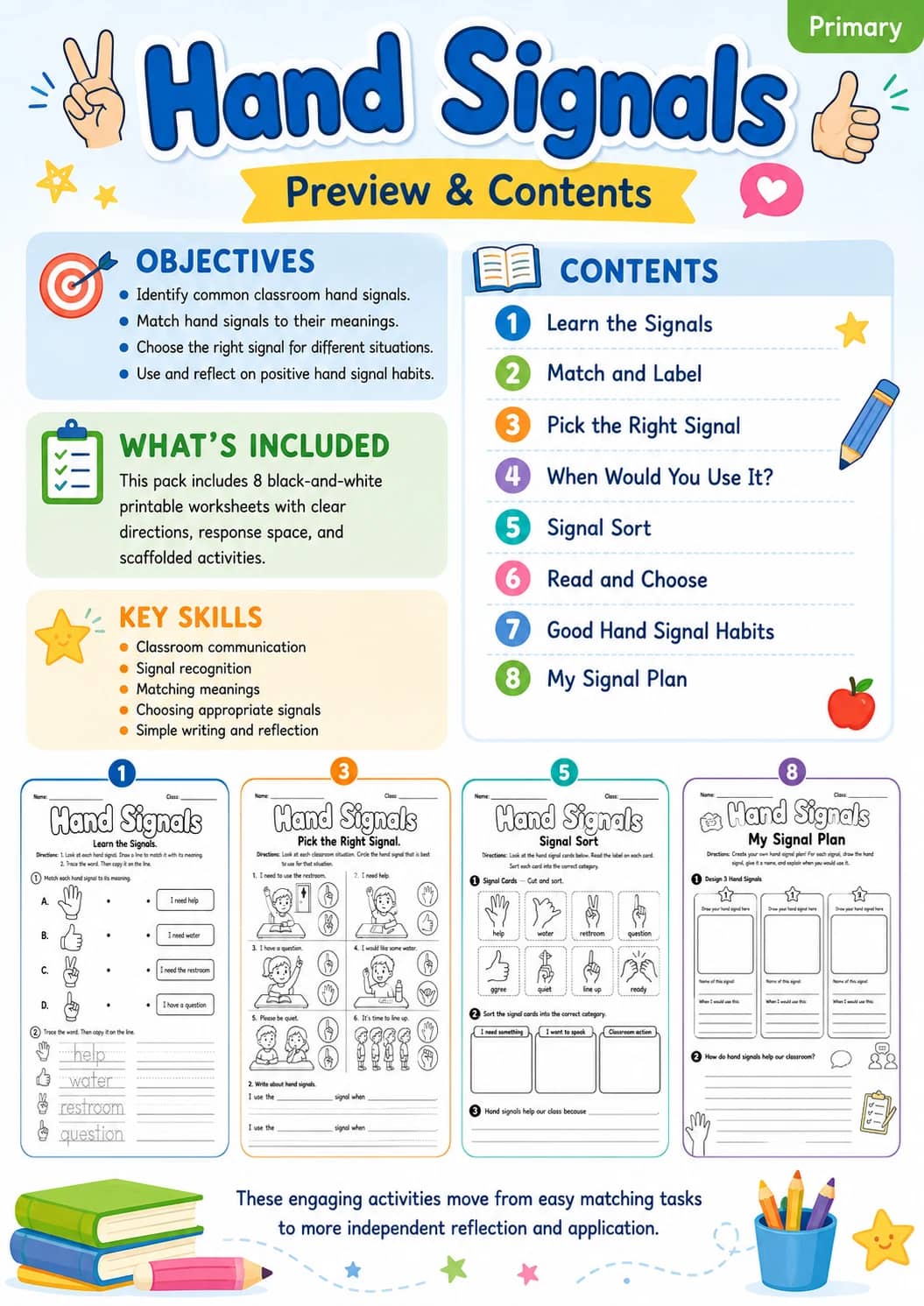 Hand Signals Worksheet Pack printable cover