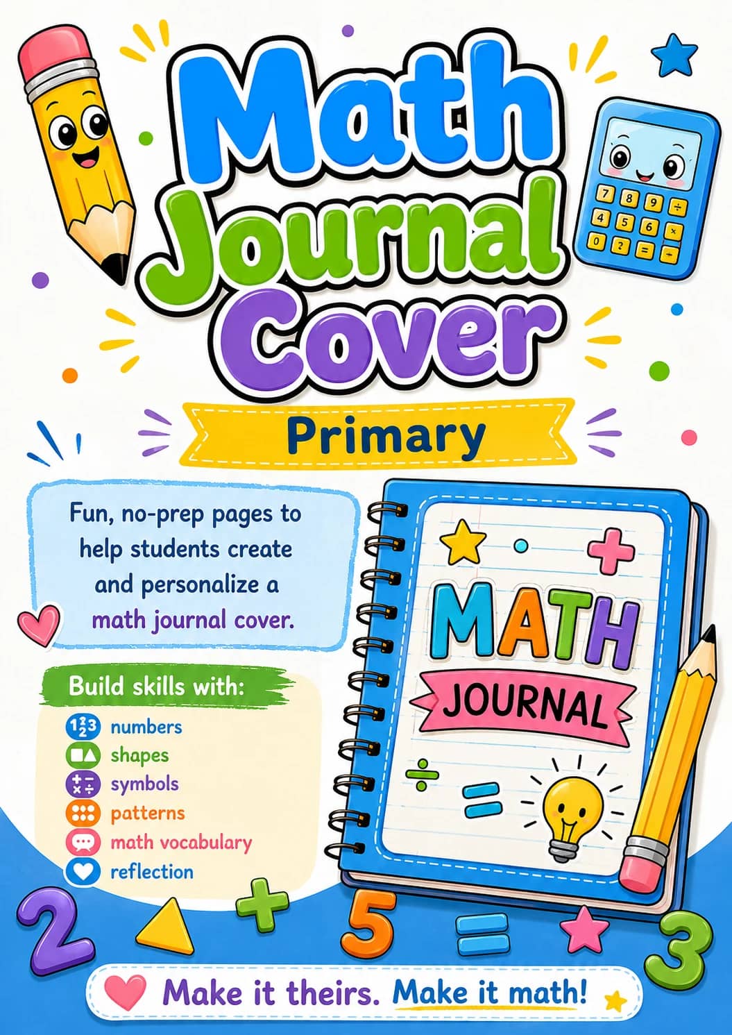 Math Journal Cover Worksheet Pack printable cover