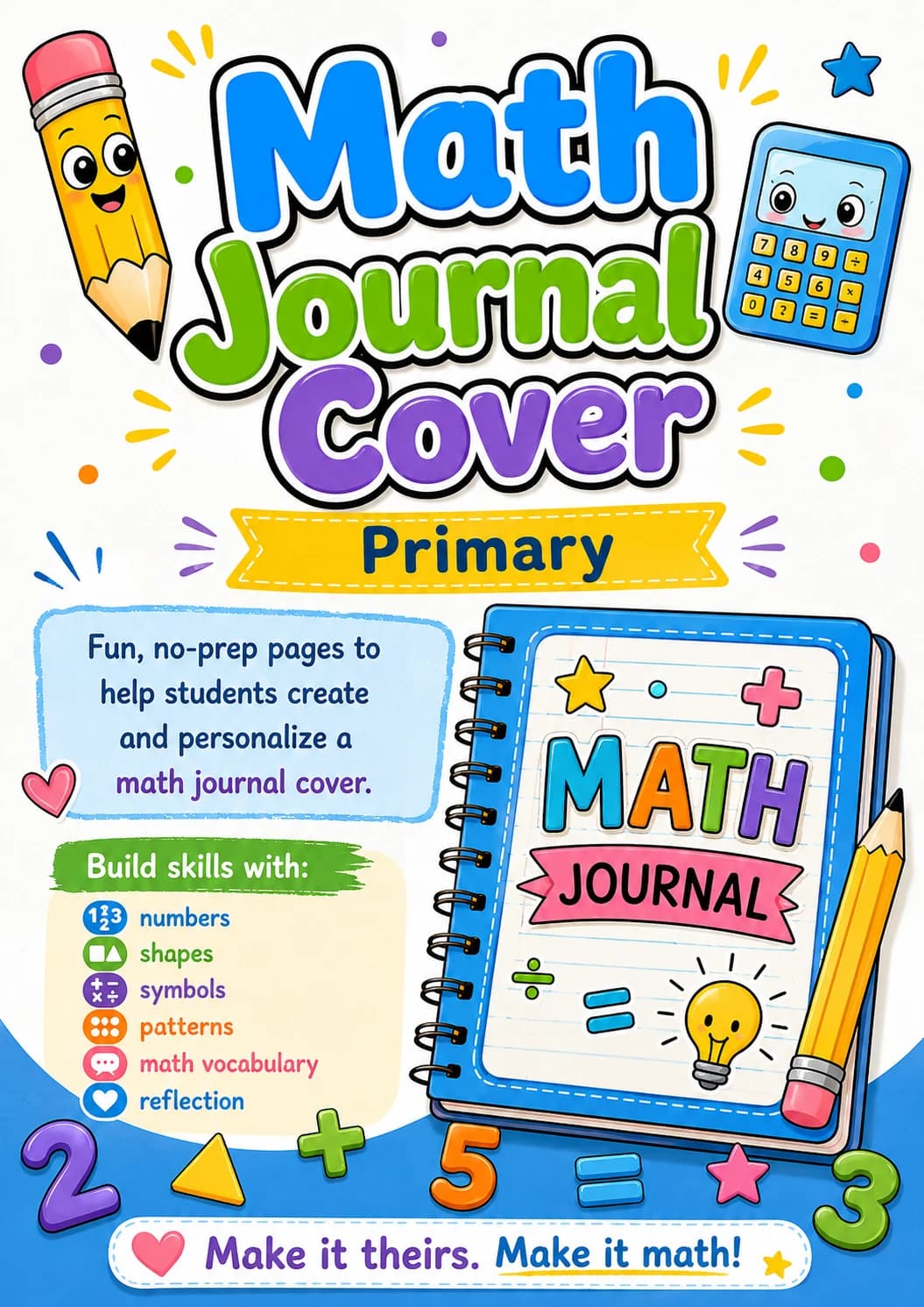Math Journal Cover Worksheet Pack printable cover