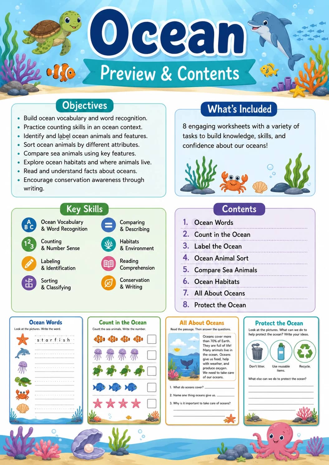 Ocean Worksheet Pack printable cover