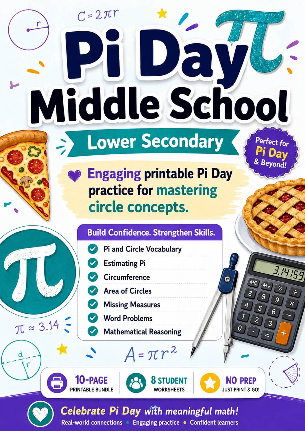 Pi Day Middle School Worksheet Pack printable cover