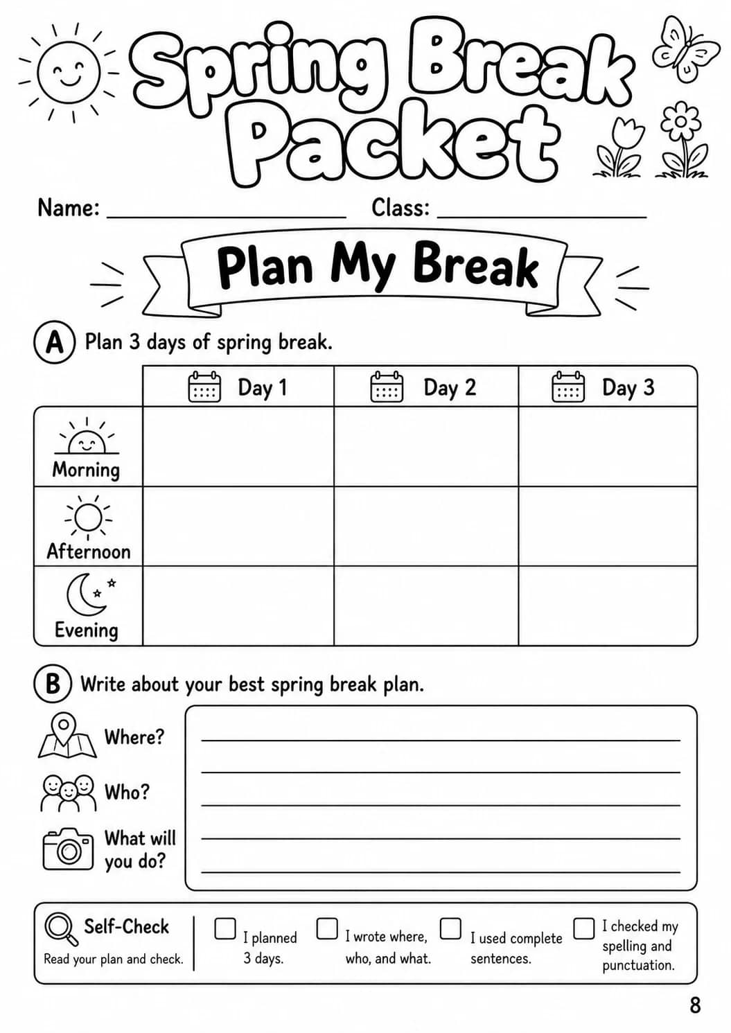 Spring Break Packet Worksheet Pack printable cover