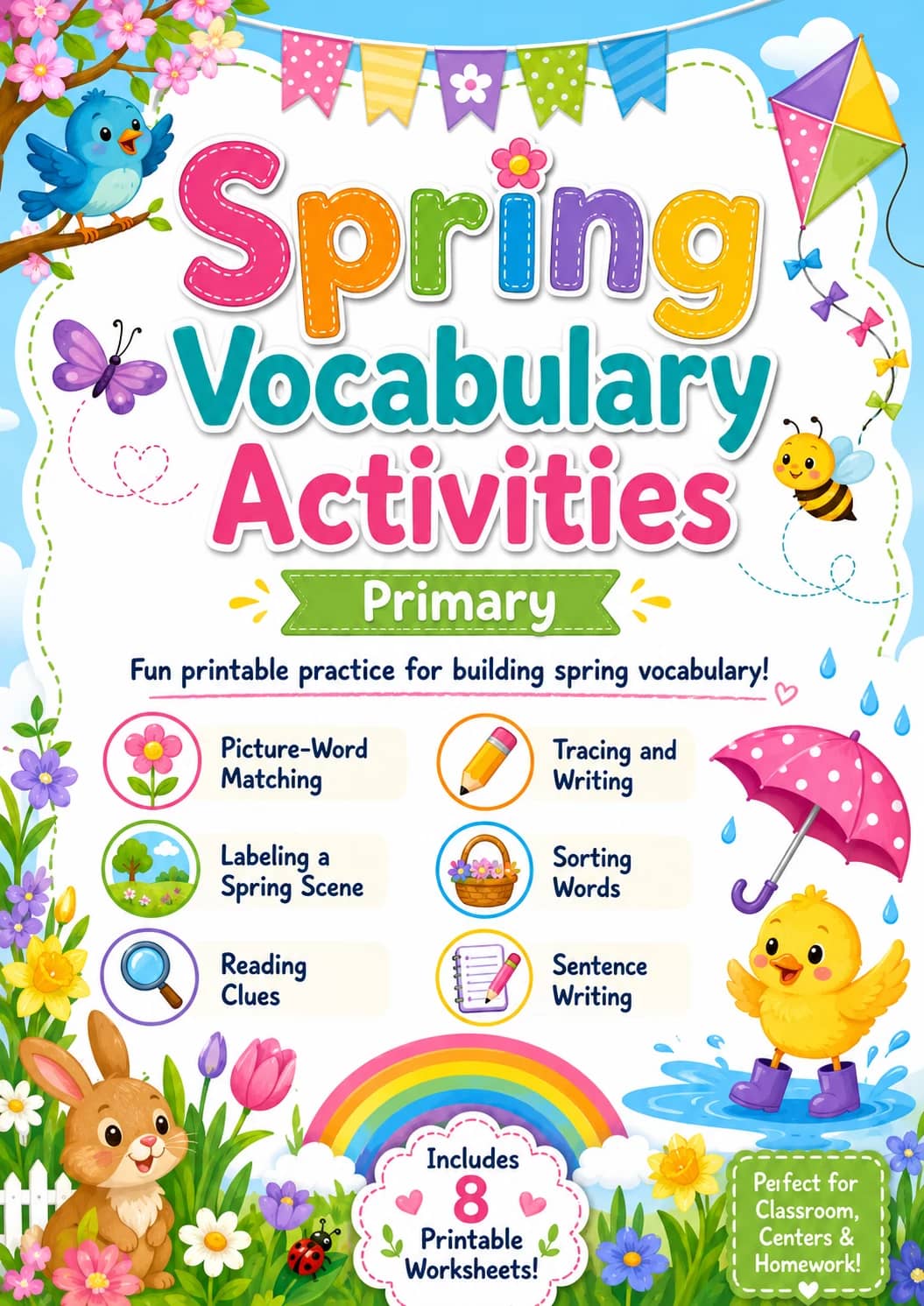 Spring Vocabulary Activities Worksheet Pack printable cover