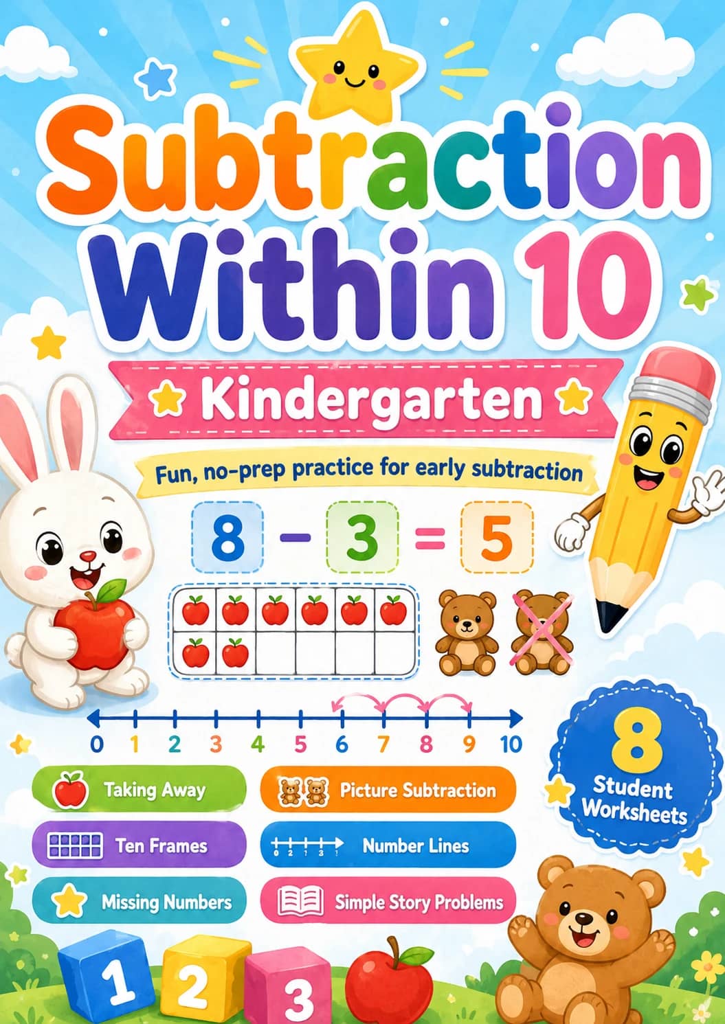 Subtraction Within 10 Worksheet Pack printable cover