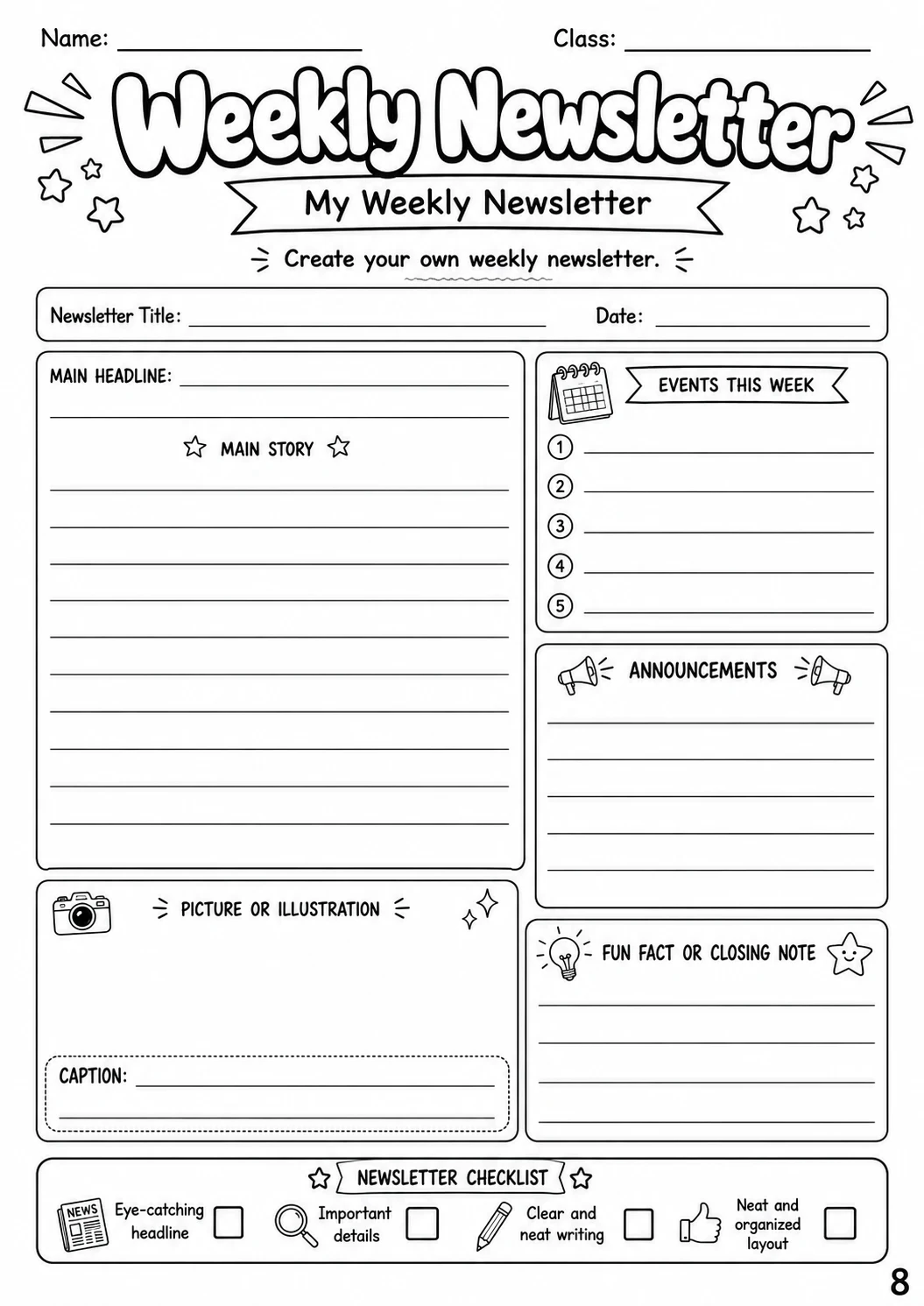 Weekly Newsletter Worksheet Pack printable cover