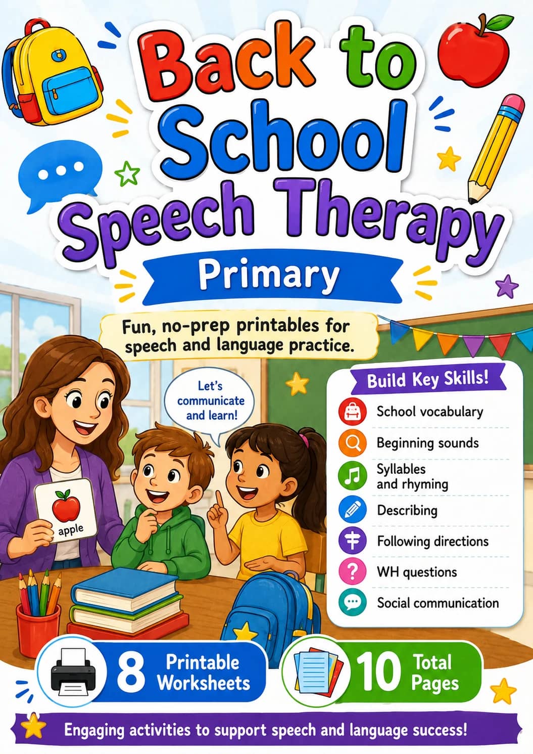 Back to School Speech Therapy Worksheet Pack printable cover
