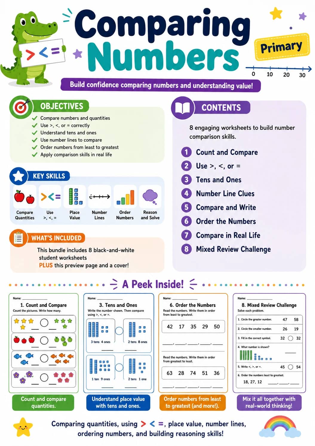 Comparing Numbers Worksheet Pack printable cover