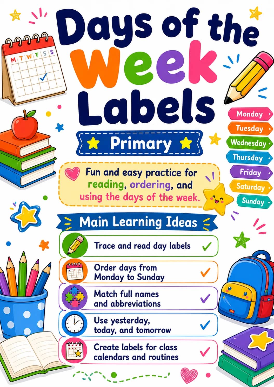 Days of the Week Labels Worksheet Pack printable cover