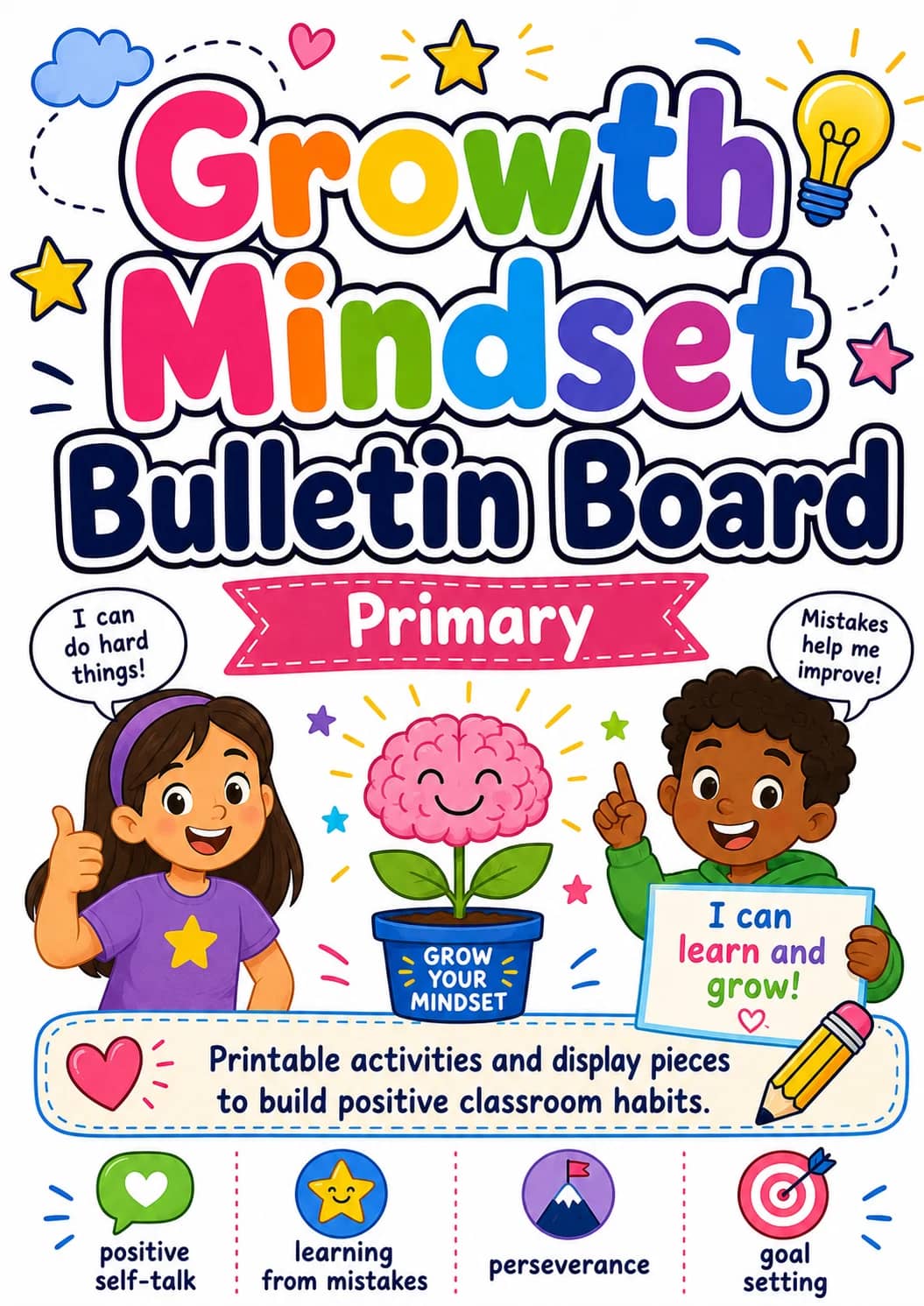 Growth Mindset Bulletin Board Worksheet Pack printable cover