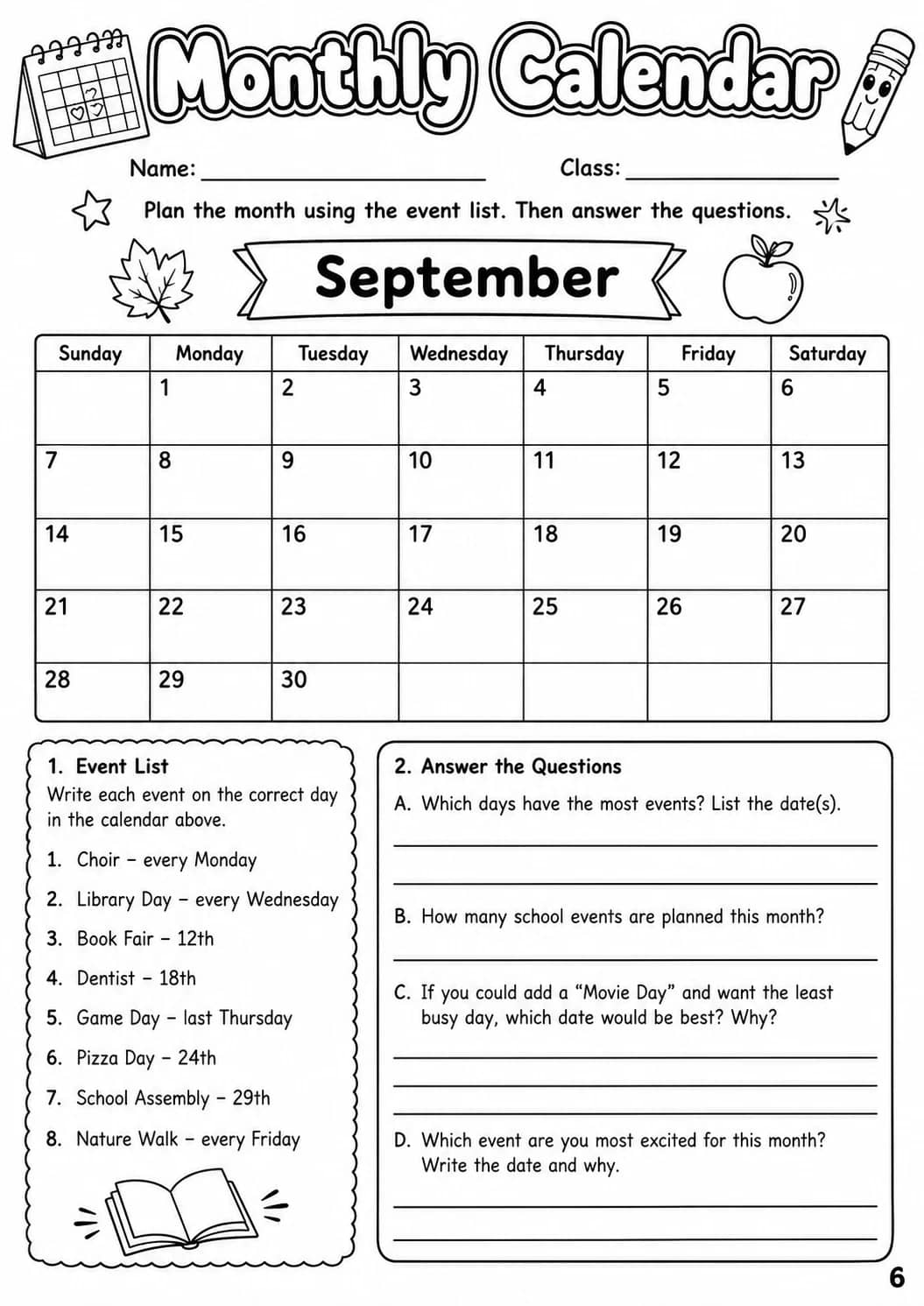Monthly Calendar Worksheet Pack printable cover