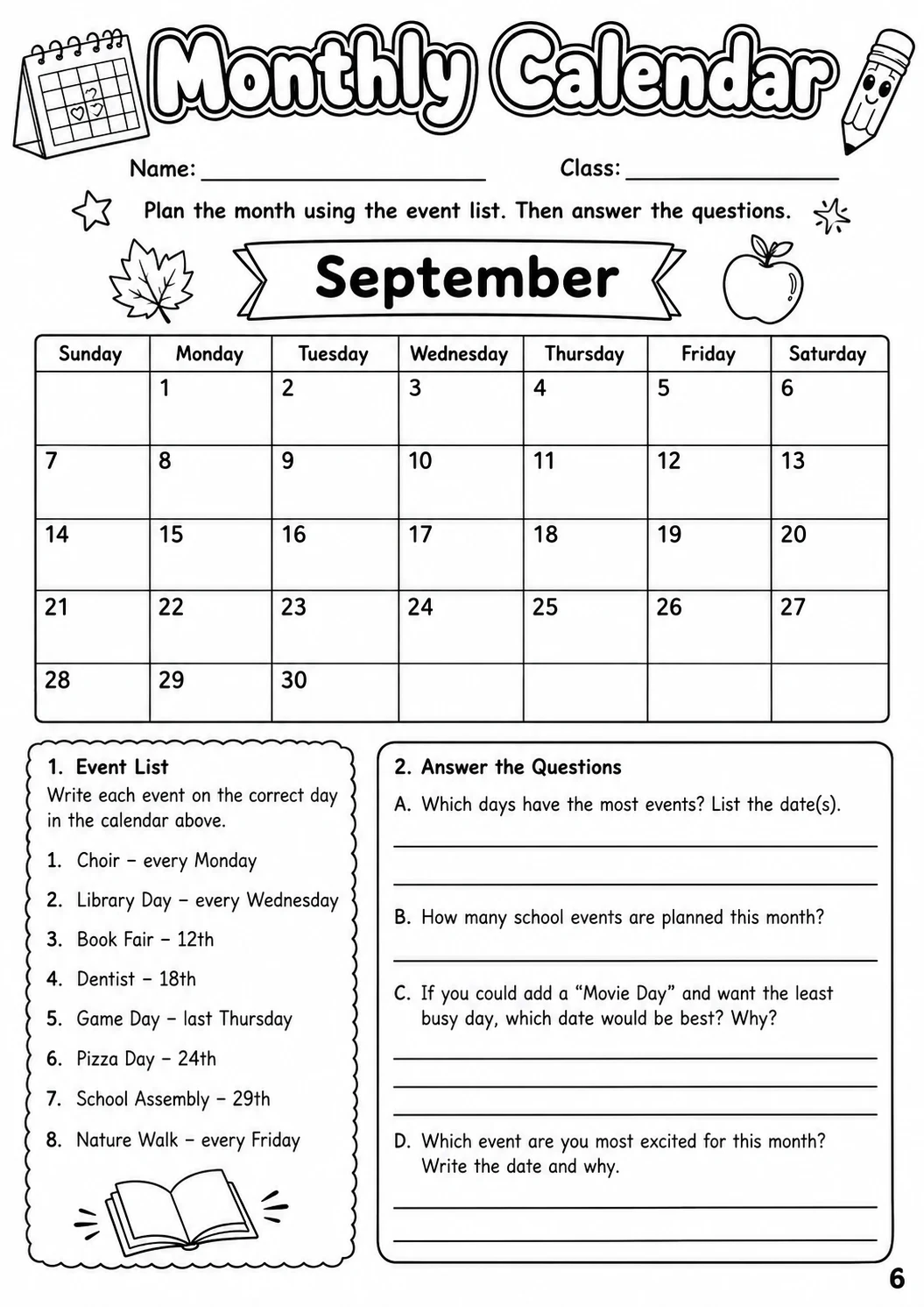 Monthly Calendar Worksheet Pack printable cover