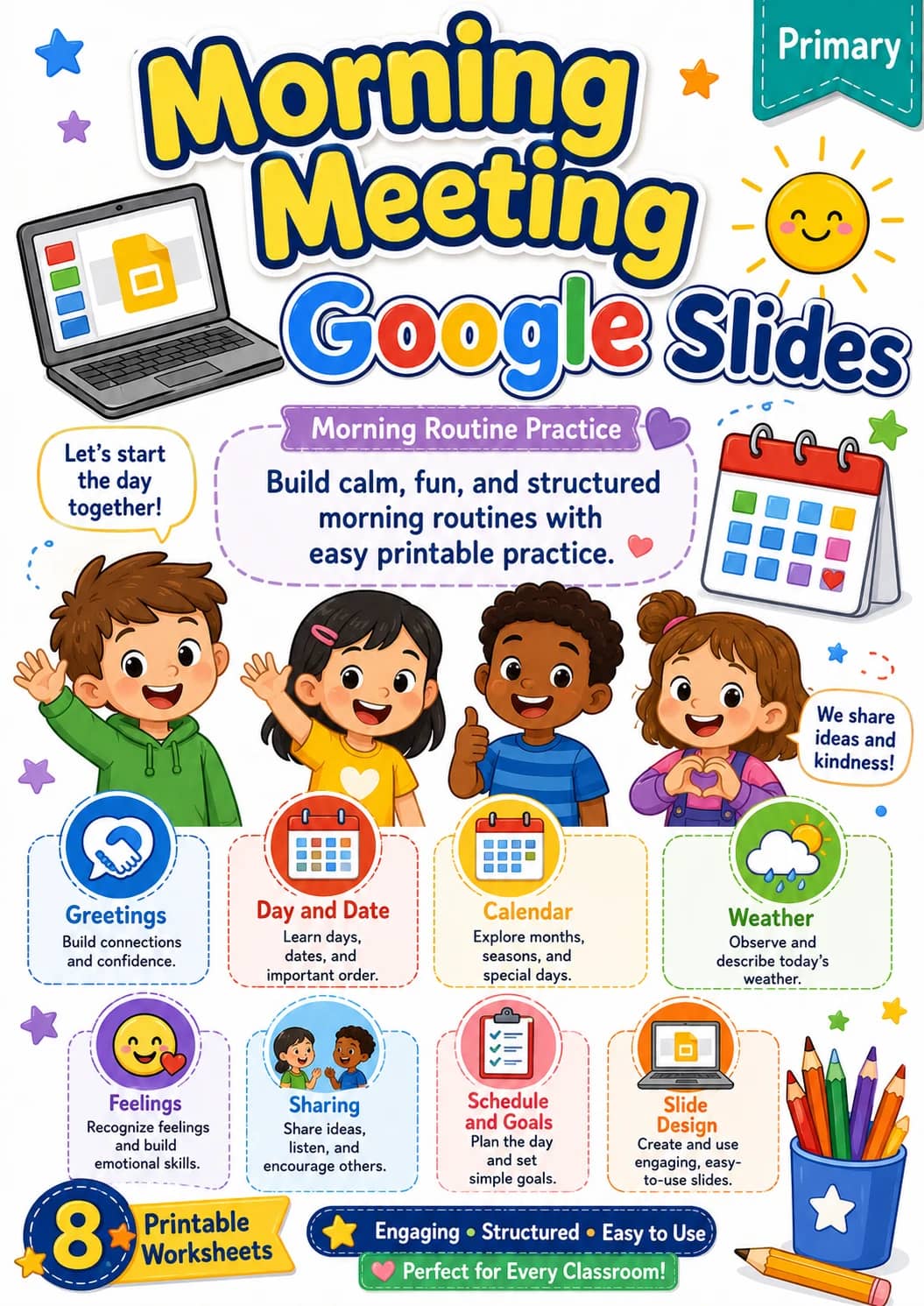 Morning Meeting Google Slides Worksheet Pack printable cover
