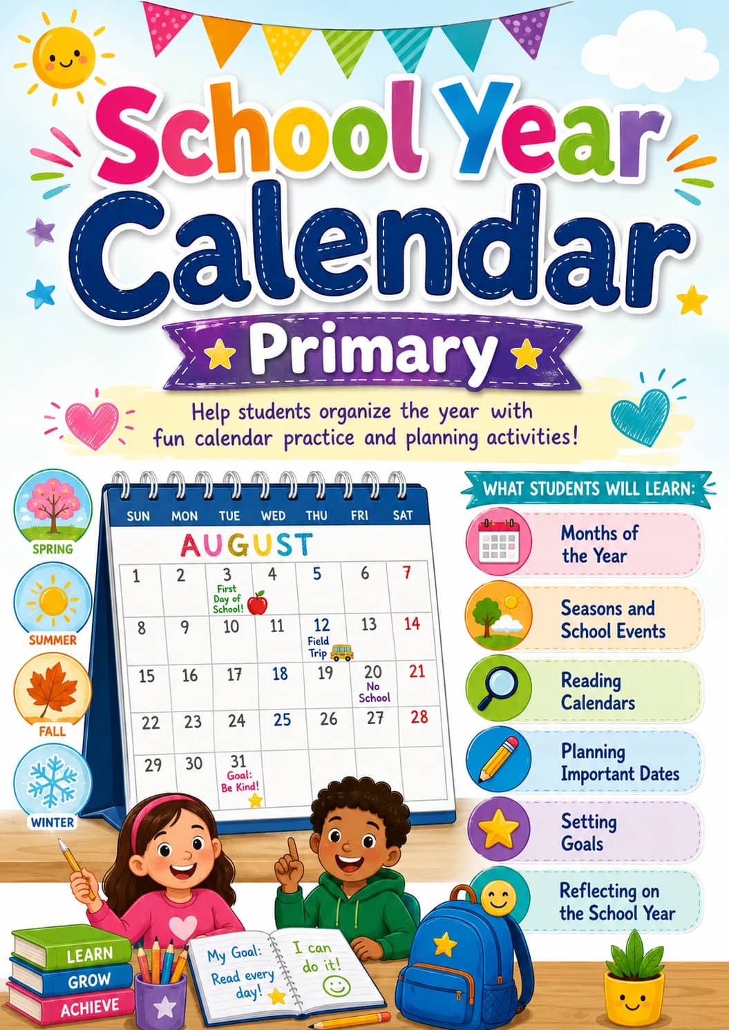 School Year Calendar Worksheet Pack printable cover
