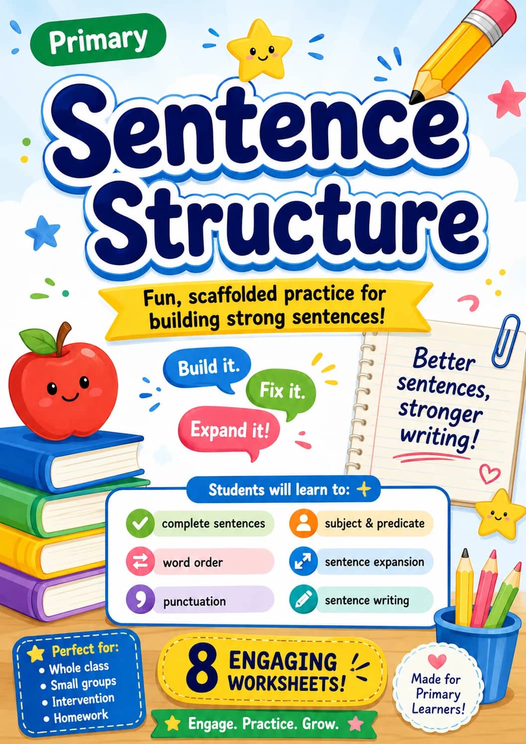 Sentence Structure Worksheet Pack printable cover