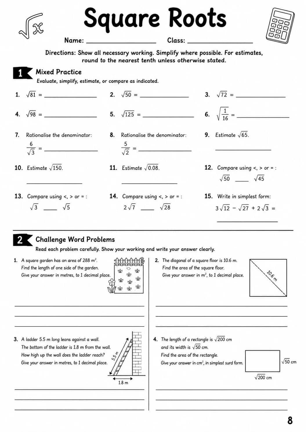 Square Roots Worksheet Pack printable cover