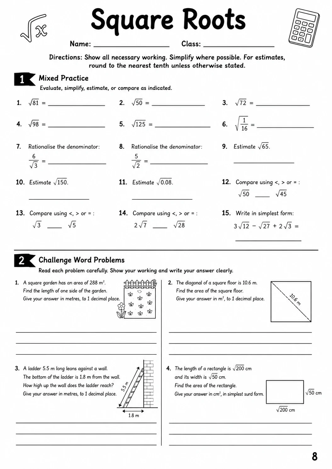 Square Roots Worksheet Pack printable cover