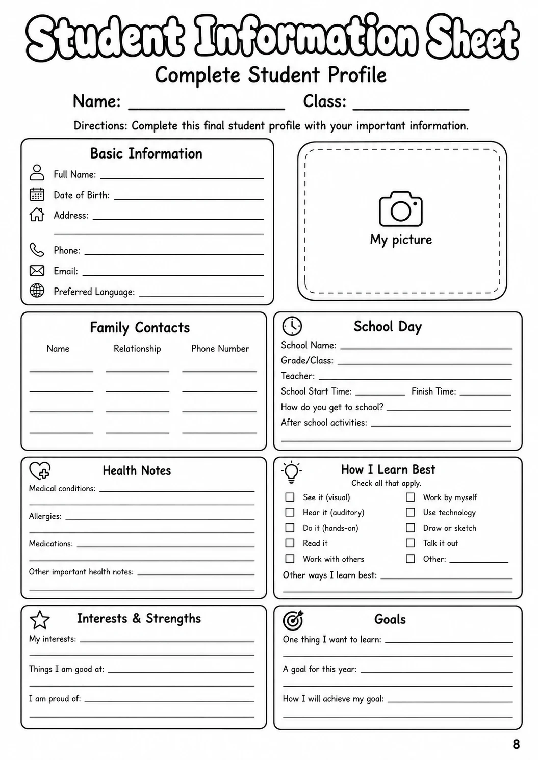 Student Information Sheet Worksheet Pack printable cover