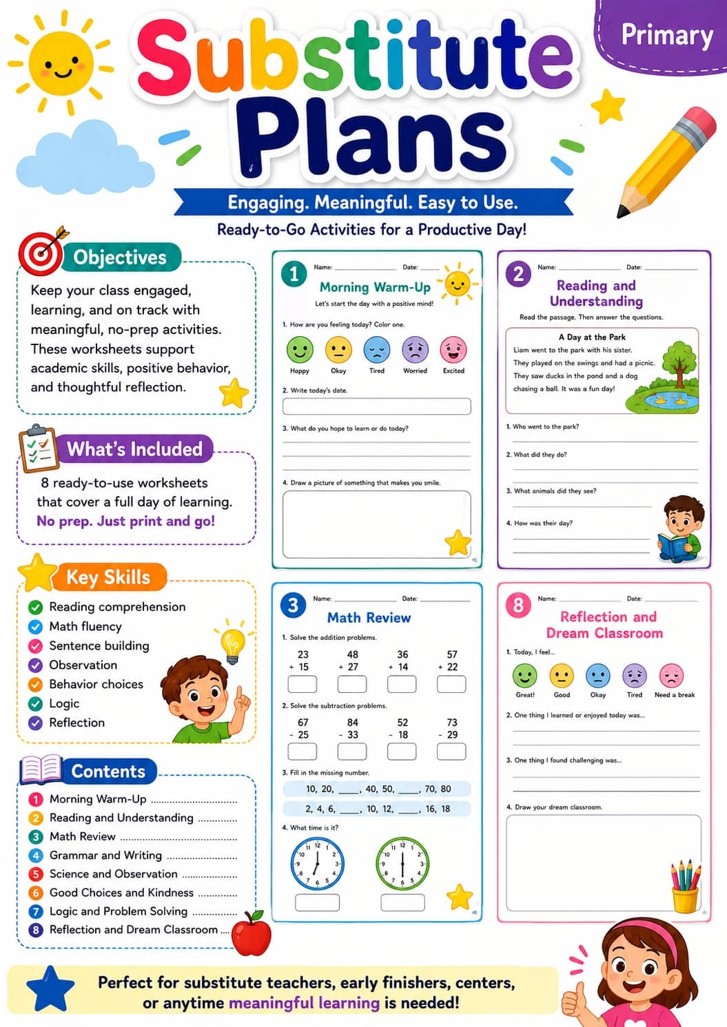 Substitute Plans Worksheet Pack printable cover