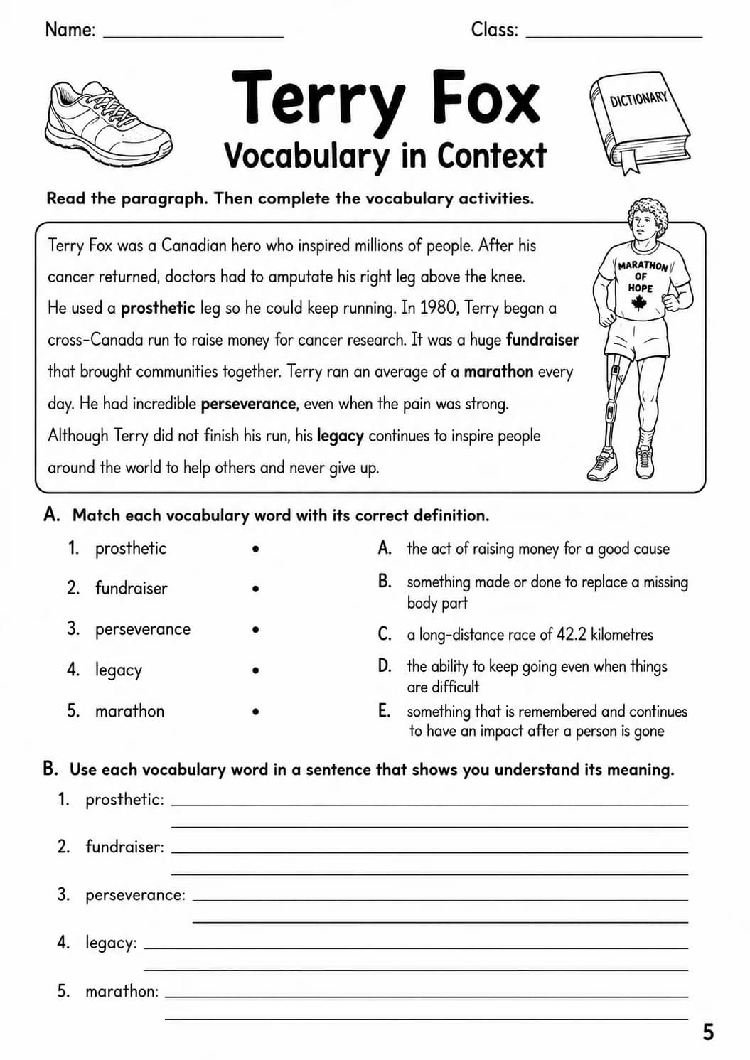 Terry Fox Worksheet Pack printable cover