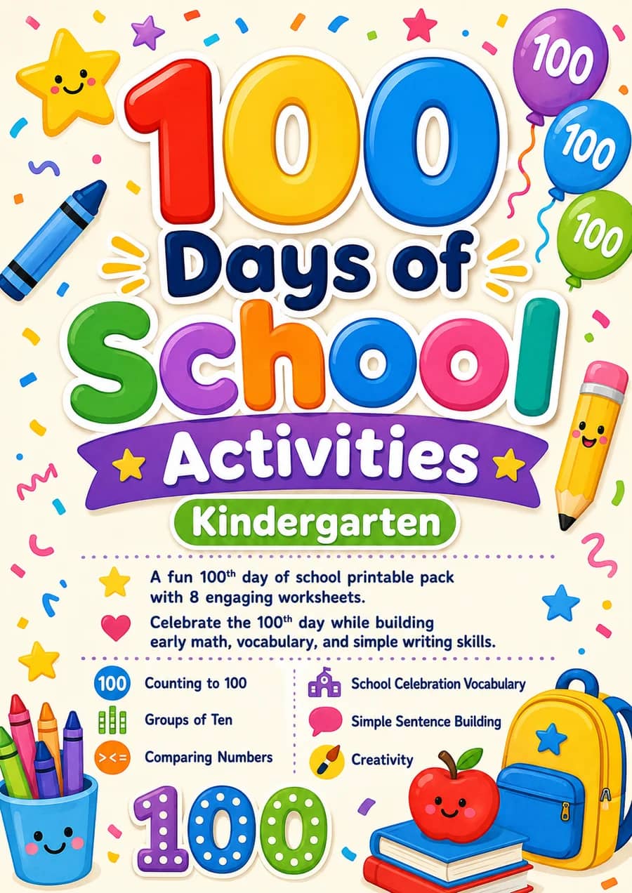 100 Days of School Activities printable worksheet pack cover