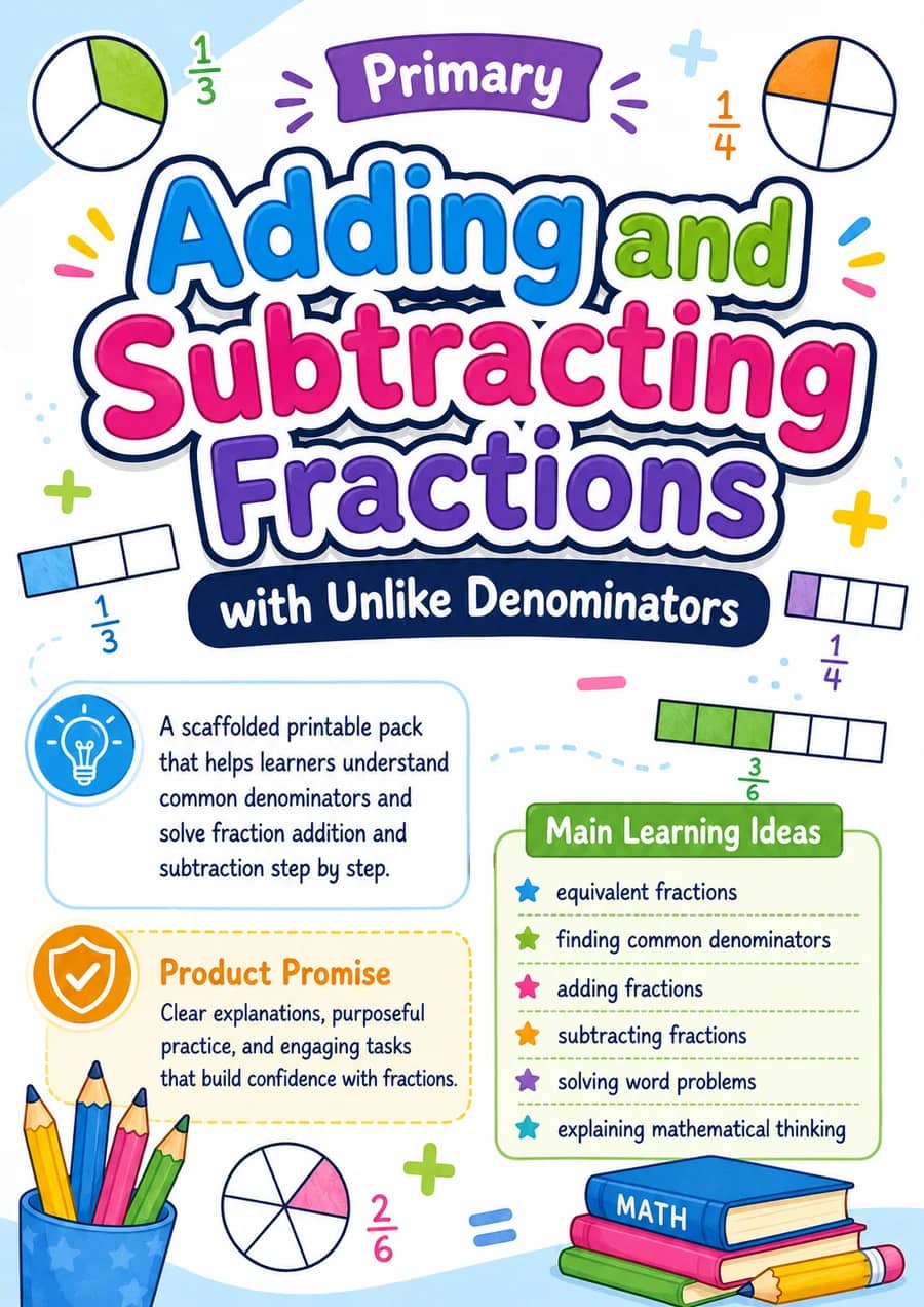 Adding and Subtracting Fractions with Unlike Denominators printable worksheet pack cover
