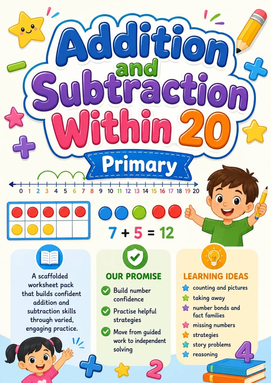 Addition and Subtraction Within 20 printable worksheet pack cover