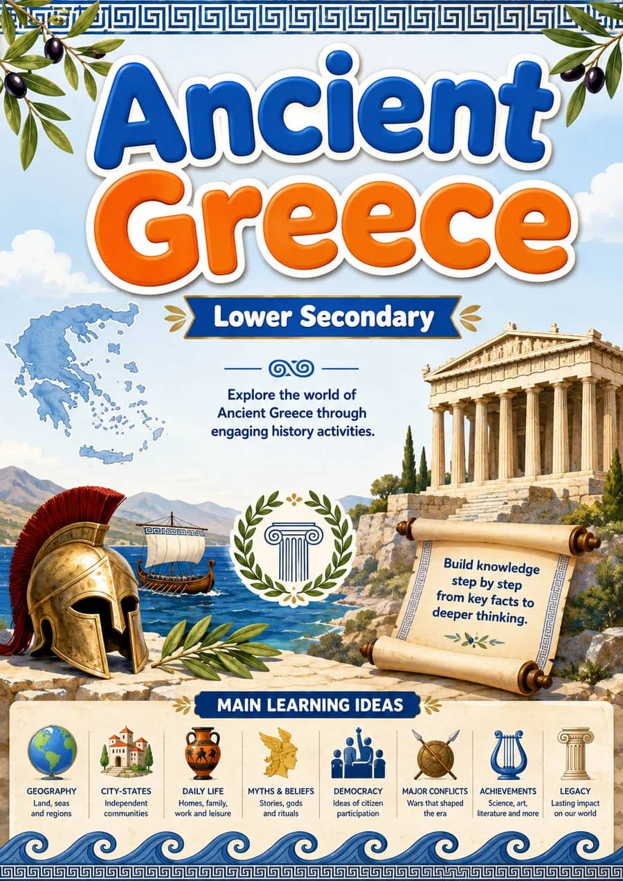 Ancient Greece printable worksheet pack cover