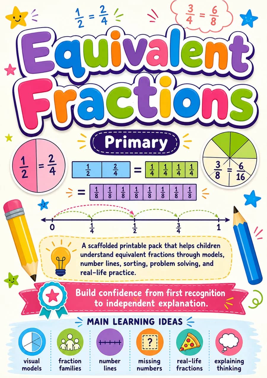 Equivalent Fractions printable worksheet pack cover