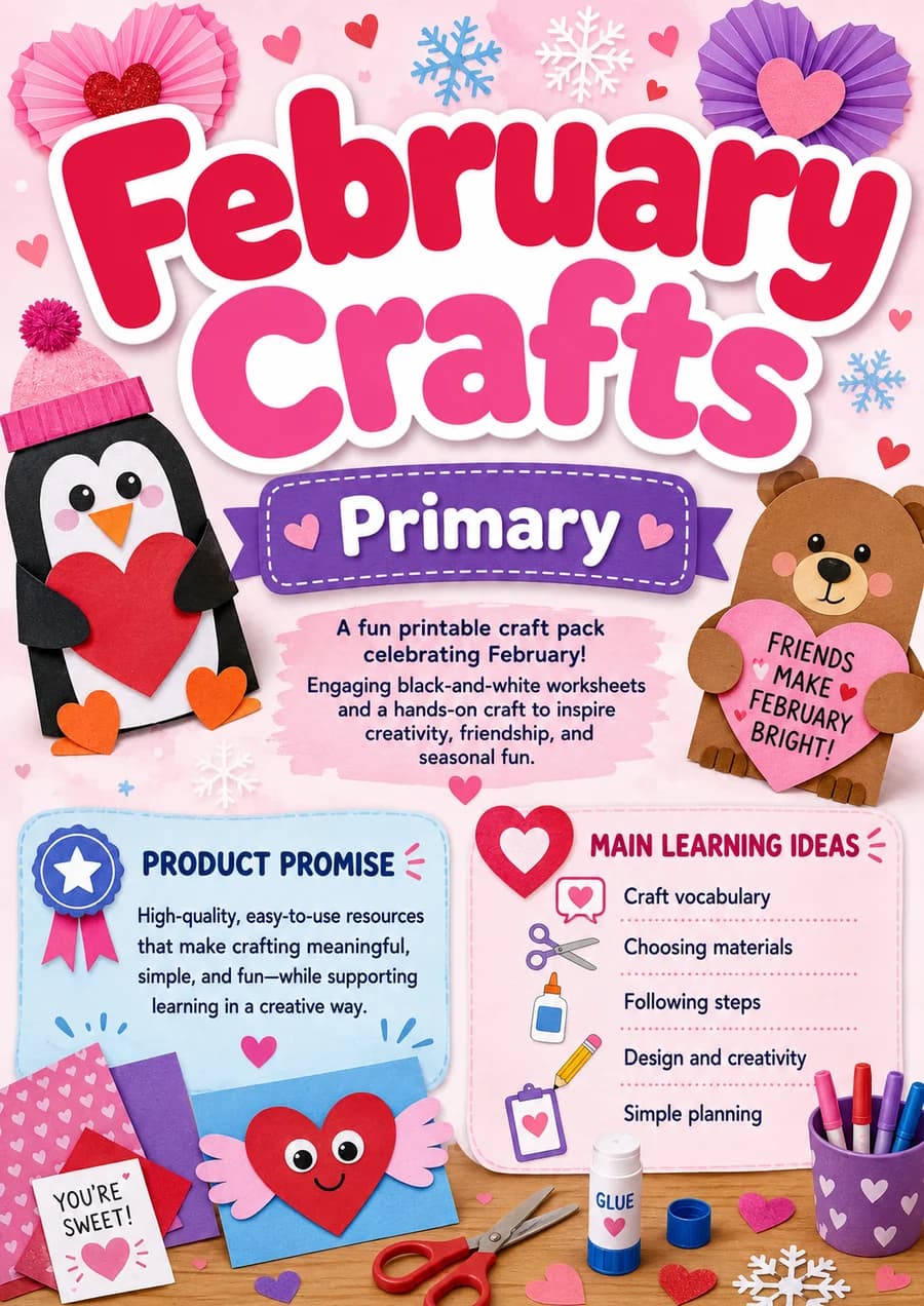 February Crafts printable worksheet pack cover