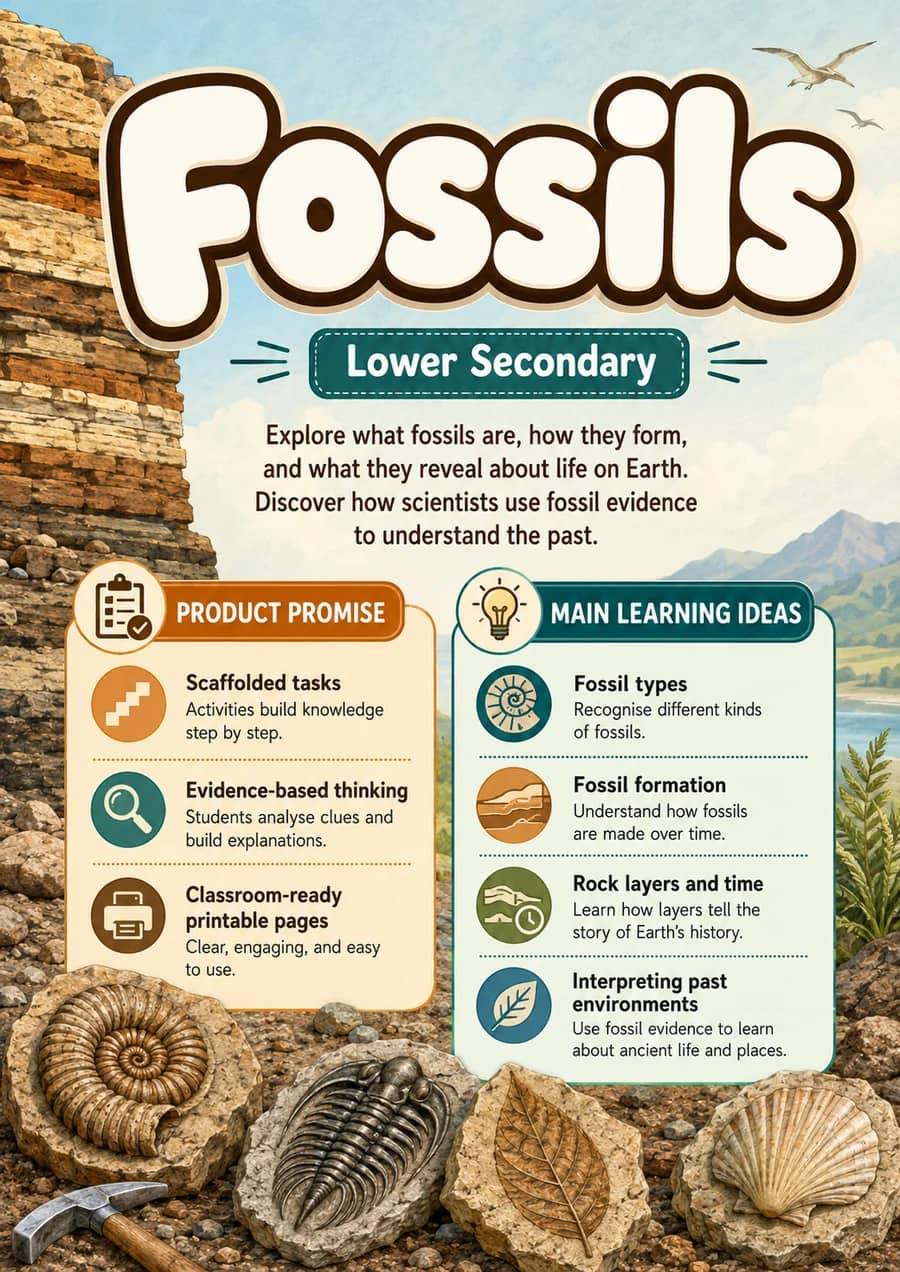 Fossils printable worksheet pack cover