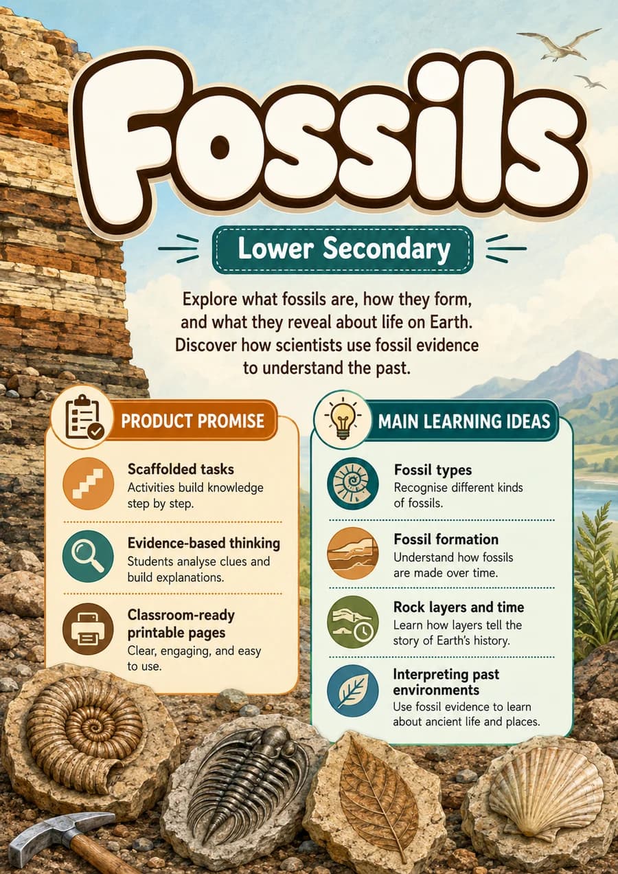 Fossils printable worksheet pack cover