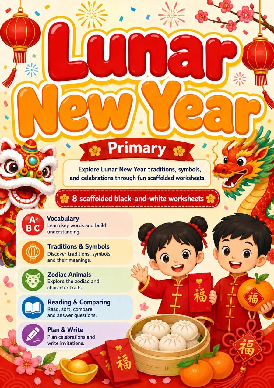 Lunar New Year printable worksheet pack cover