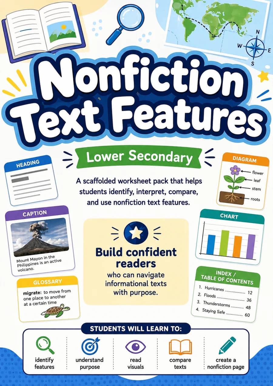 Nonfiction Text Features printable worksheet pack cover
