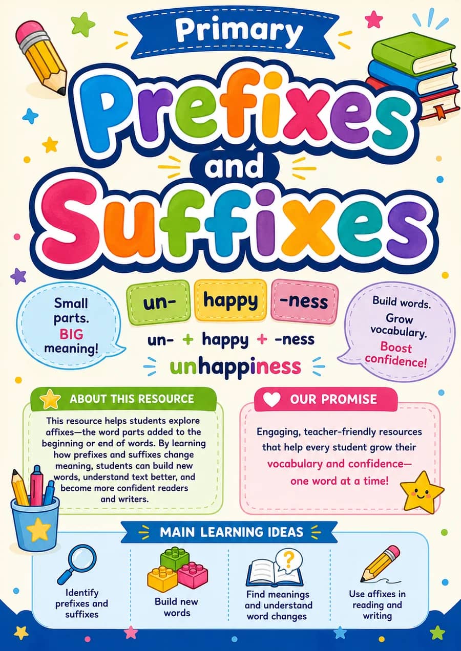 Prefixes and Suffixes printable worksheet pack cover