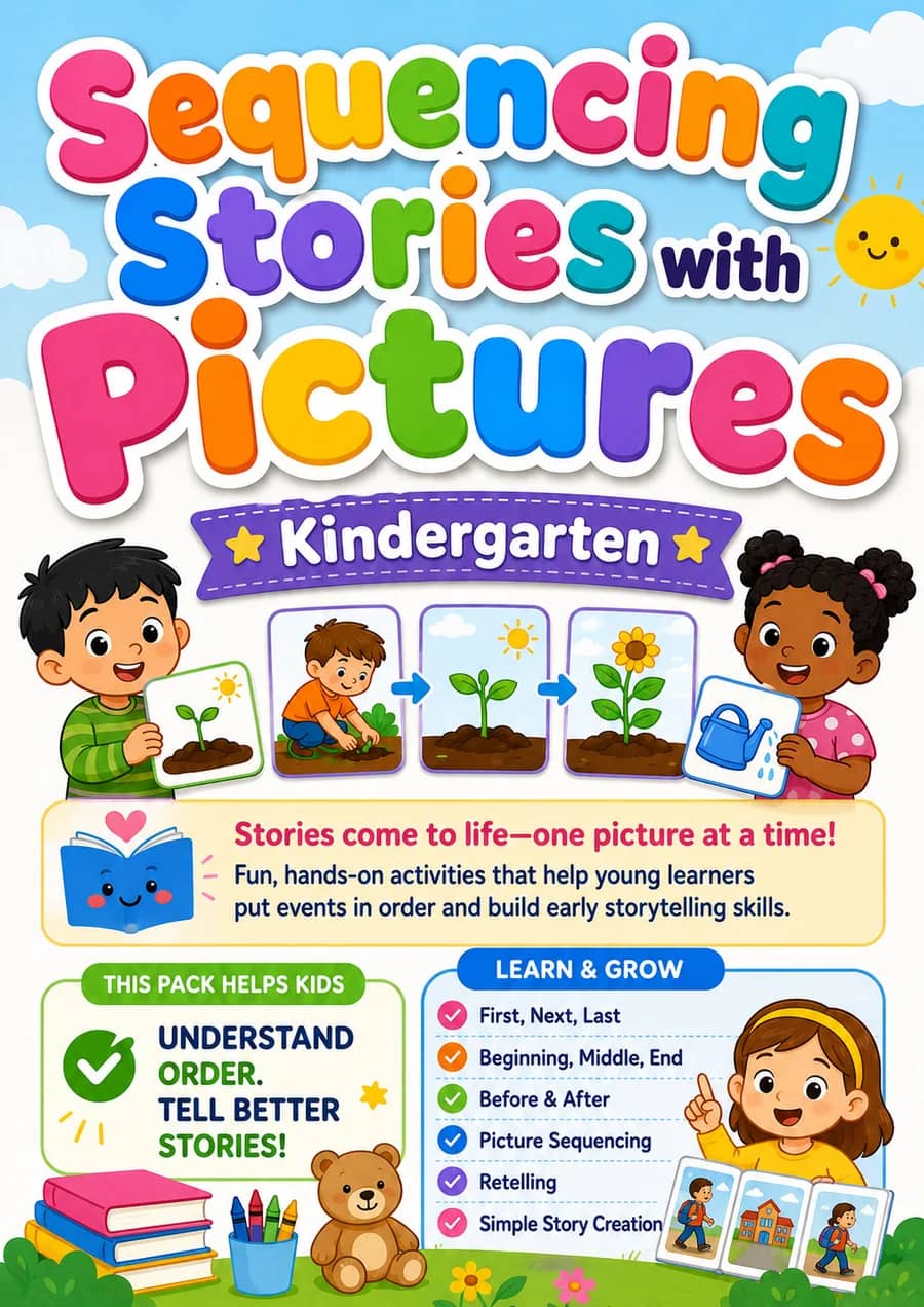 Sequencing Stories with Pictures printable worksheet pack cover