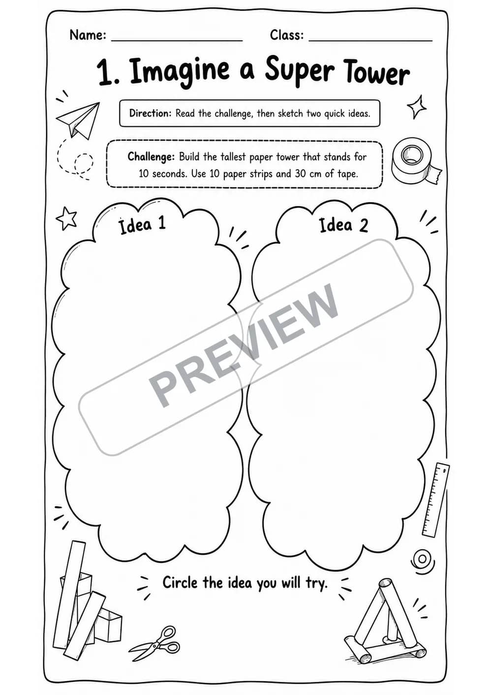 Paper Tower STEM Challenge Practice Pack | 5 Worksheets | Grades 2-5 watermarked worksheet preview